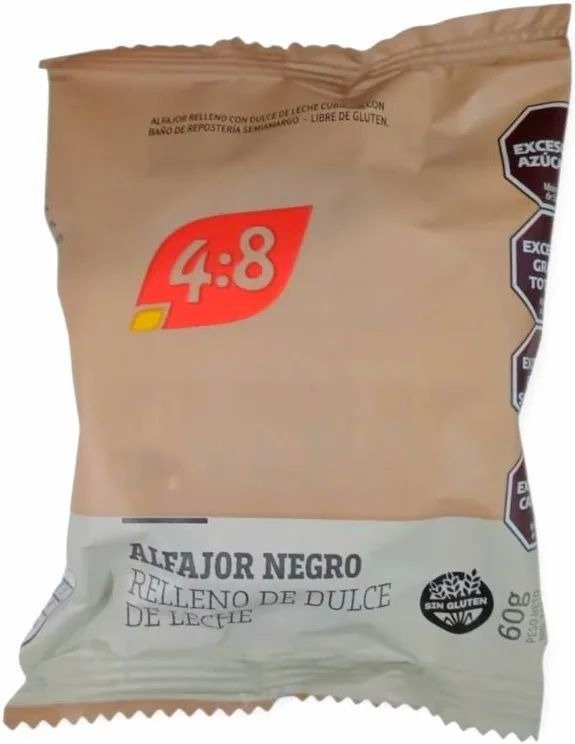 CAJA x12uni - ALFAJOR NEGRO relleno de dulce de leche SIN TACC x 60g Marca 4:8