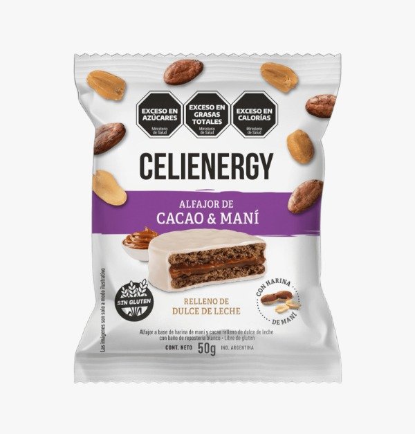 CAJA de Alfajores de CACAO y MANÍ relleno de dulce de leche SIN TACC x 12 UNI CELIENERGY