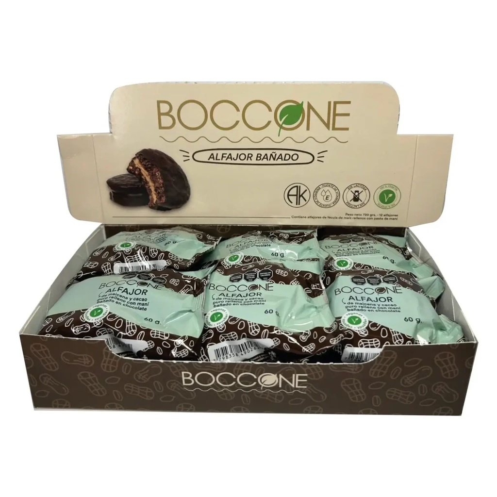 CAJA de ALFAJORES de maicena SURTIDOS BAÑADOS en CHOCOLATE x 12 uni BOCCONE