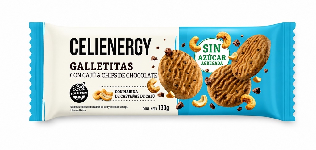 GALLETITAS cajú & chips de chocolate Sin Azúcar SIN TACC x 130 gr - CELIENERGY
