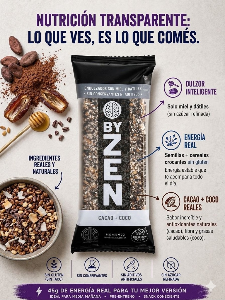 Caja barra frutos secos cacao y coco 45 gr 12 uni by zen