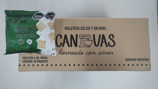 [CANVA6976770] CAJA CERRADA x 30 uni crackers de OLIVA,CHIA Y LINO x 150g CANVAS