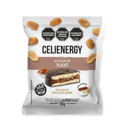 Caja de Alfajores de MANI relleno de DULCE DE LECHE sin TACC x 12 uni CELIENERGY