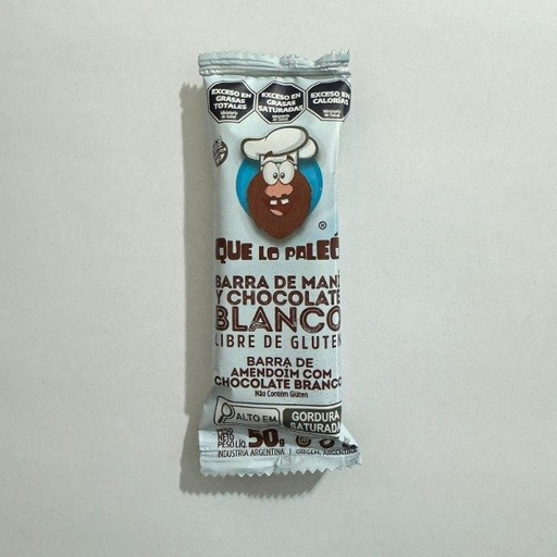 Barra de CHOCOLATE BLANCO y PASTA DE MANI SIN TACC x 12 uni x 50 gr QUE LO PALEO