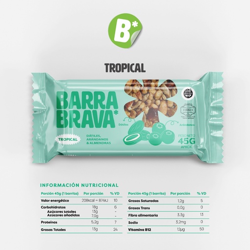 Barritas de Cereal TROPICAL Dátiles Arándanos y Almendras Sin TACC x 12 U BRAVA